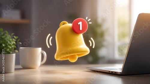 Glowing yellow bell notification icon floating next to an open laptop on a sunny office desk. Concept of email alert, digital marketing update, and work schedule reminder.