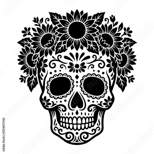 Day of the dead skull with sunflower crown black and white vector for festive holiday art.