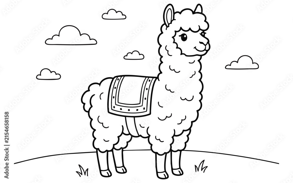 Obraz premium A cute cartoon llama standing in a field with fluffy clouds in the sky designed as a simple black and white line art coloring page