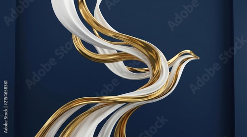 Abstract gold and white ribbons shaped like a bird.
