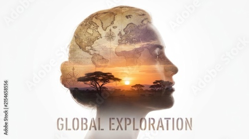 Global exploration silhouette with sunset savanna and world map.