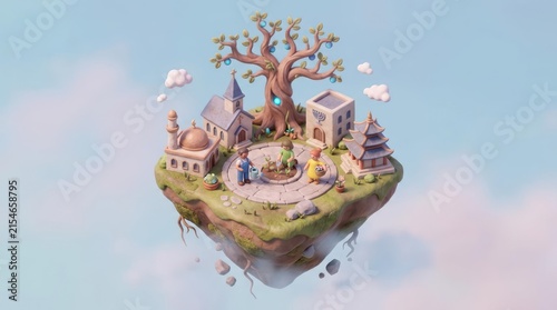 Floating island with world architecture and giant tree.