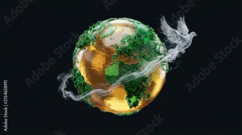 Earth globe with green forest and smoke bird