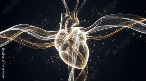Abstract glowing human heart made of light trails.