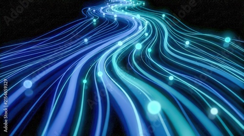 Abstract glowing blue and teal light trails flowing in darkness with bright nodes.