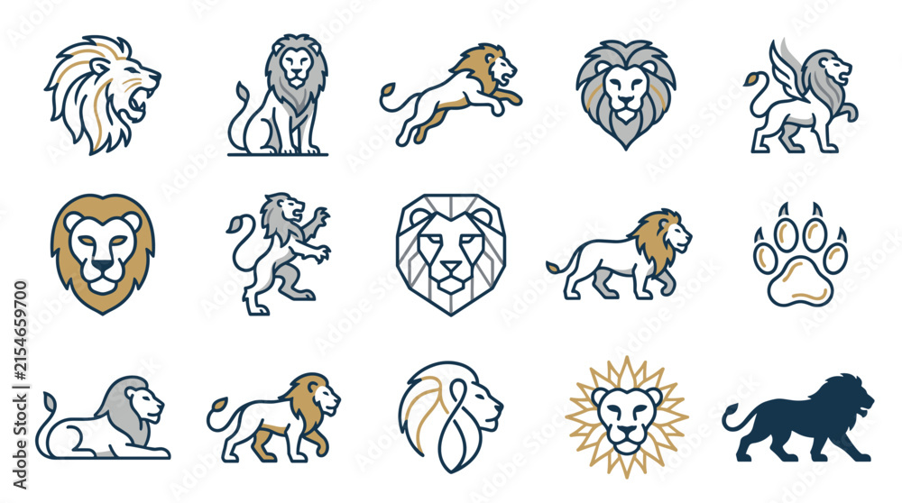 Fototapeta premium Set of lion line icons including roaring males, jumping poses, heraldic crests, paw print, and lion