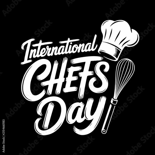 International chefs day celebration design with a white chef hat and whisk tool illustration on a black background for restaurant and cooking themed events Vector