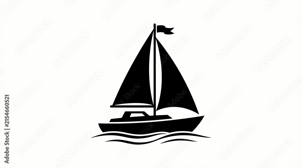 Fototapeta premium Minimalist black sailboat icon featuring sharp geometric sails and a small decorative flag floating on stylized waves set against a clean and solid white background