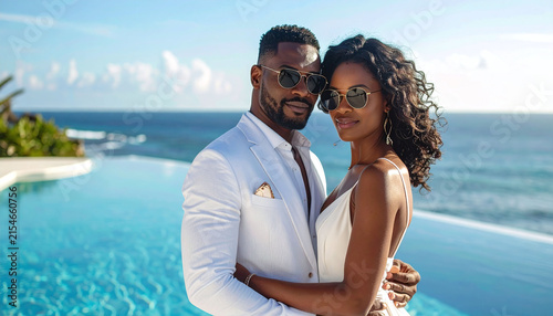 A stylish Black couple in elegant white formal attire embraces poolside at a luxury tropical resort. This romantic scene evokes sophistication, sundrenched intimacy, and highend travel bliss.