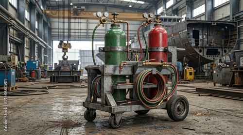 Gas cylinders on a mobile welding cart stand in a large industrial shipyard workshop.