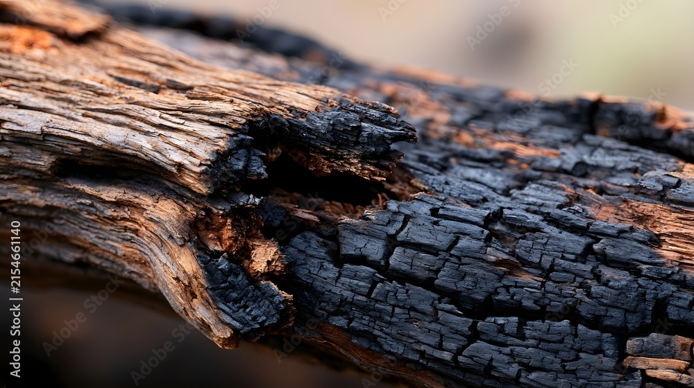 Fototapeta premium Close up of charred wood texture showing cracked bark and weathered organic surface details