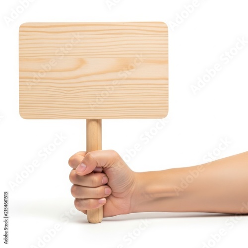 Hand holding blank sign with finger isolated on white background