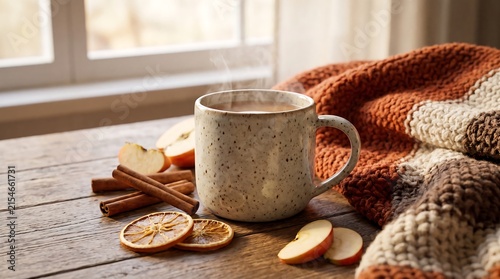 Steaming Hot Drink with Autumn Spices and Cozy Blanket