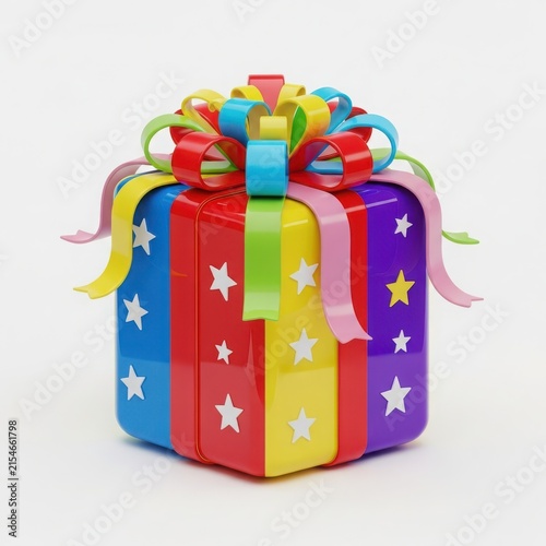 Colorful gift box with star decorations and ribbon isolated on white background