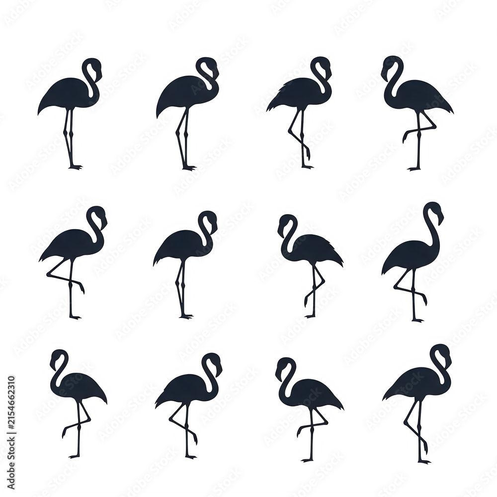 Obraz premium Collection of flamingo silhouettes in various poses with flamingo silhouette collection standing wildlife tropical isolated graceful