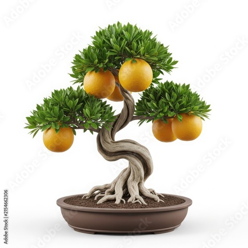 Bonsai tree with potted oranges isolated on white background