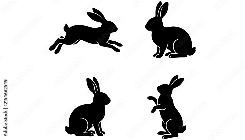 Obraz premium Wild Rabbit Silhouette Vector Set Featuring Running Sitting Alert Stance And Standing Hare Profiles Isolated On White