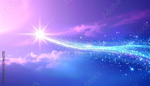 紫の夜空に輝く大きな星と青い光の帯の幻想背景