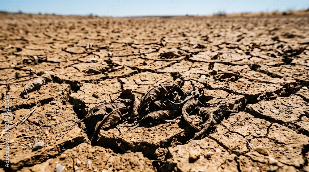 Obraz premium Dried, cracked earth with fallen leaves under a bright sky.