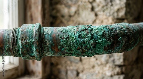 Verdigris-covered pipe against a stone wall