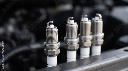 Close-up of four new spark plugs for a car engine, highlighting the first plug's tip. Essential components for engine ignition and performance.