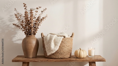 Rustic Autumn Decor with Dried Leaves, Blanket, and Pumpkin