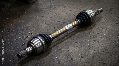 Detailed shot of a new OEM CV axle shaft on a workshop floor. Essential automotive drivetrain component for car maintenance, repair, and replacement services.