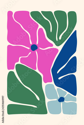 Abstract groovy floral poster set with colorful botanical flowers