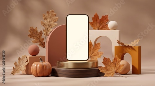 Autumn Mobile Phone Mockup on Podium with Fall Leaves