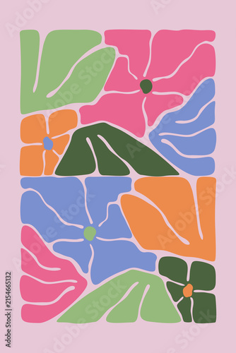 Abstract groovy floral poster set with colorful botanical flowers