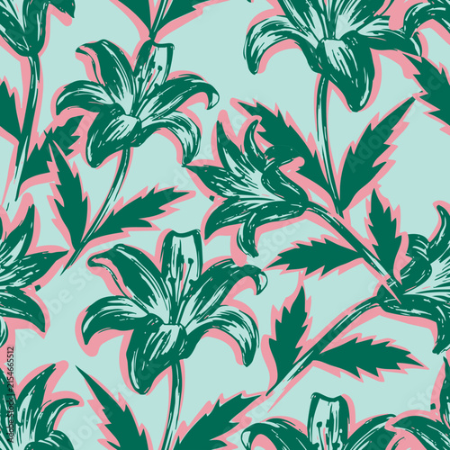 Seamless vector abstract floral pattern featuring hand drawn green lilies with pink outlines on mint blue background. Modern fashion fabric print.