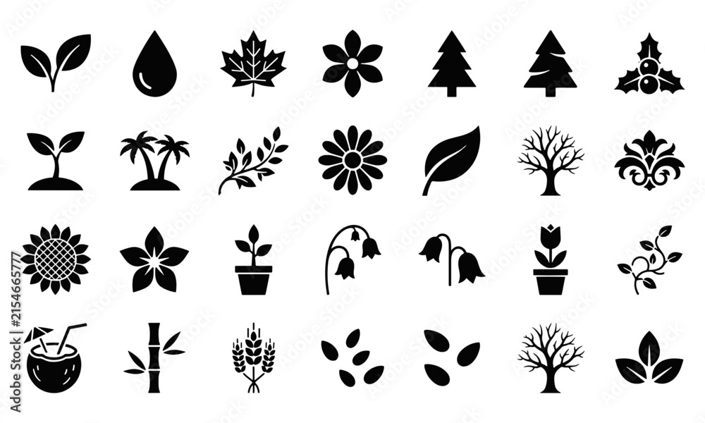 Obraz premium Large collection of black nature and plant icon set silhouettes with silhouette collection botanical environmental isolated agriculture tropical ornament decoration environment