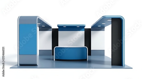 Exhibition Booth Design with Blue Reception Desk and Blank Wall Panels