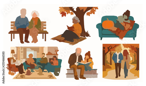 Autumn Family Lifestyle Scenes Senior Couple Girl Reading and Cozy Relaxation Vector Set