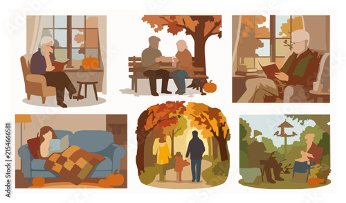 Happy Family and Seniors Enjoying Fall Season Cozy Lifestyle Flat Vector Illustration Set