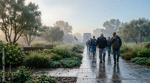 Military veterans walking through a misty memorial garden at dawn