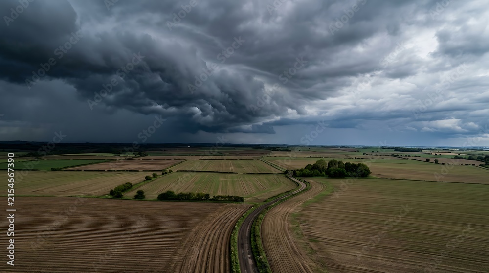 Naklejka premium Dramatic storm clouds gathering over countryside farmland