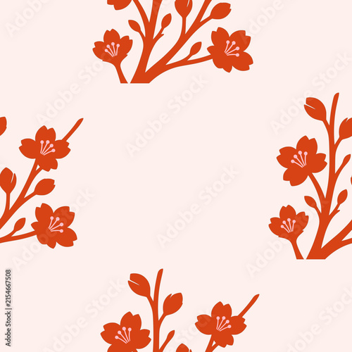 Japanese cherry blossom branch seamless pattern in terracotta and blush cream, ideal for large scale fabric, kimono prints, and elegant wallpaper.