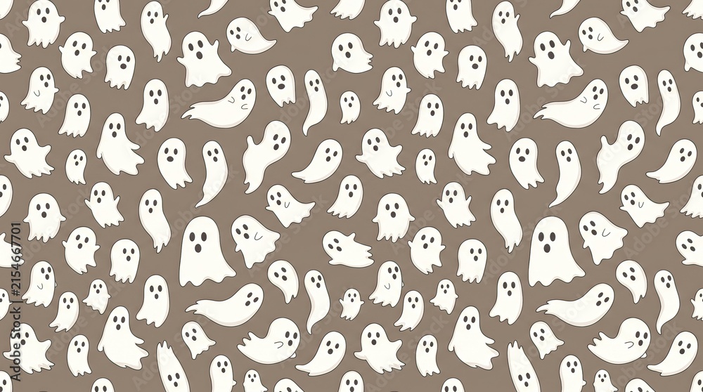 Seamless pattern with cute little white ghosts on a dark grey background for halloween textile and wrapping paper design
