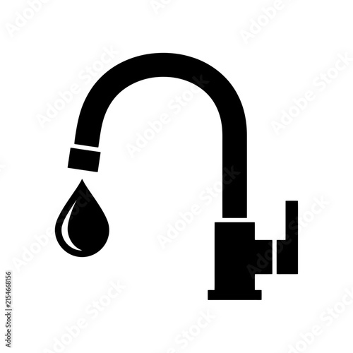 Simple black icon illustration showing a modern kitchen bathroom faucet with a single water drop design element