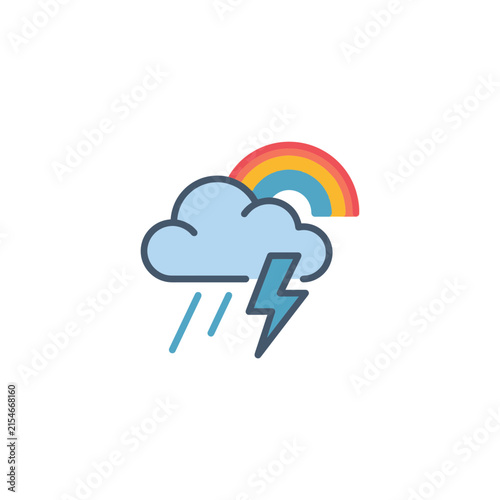 Cloud weather icon with rain lightning and rainbow.