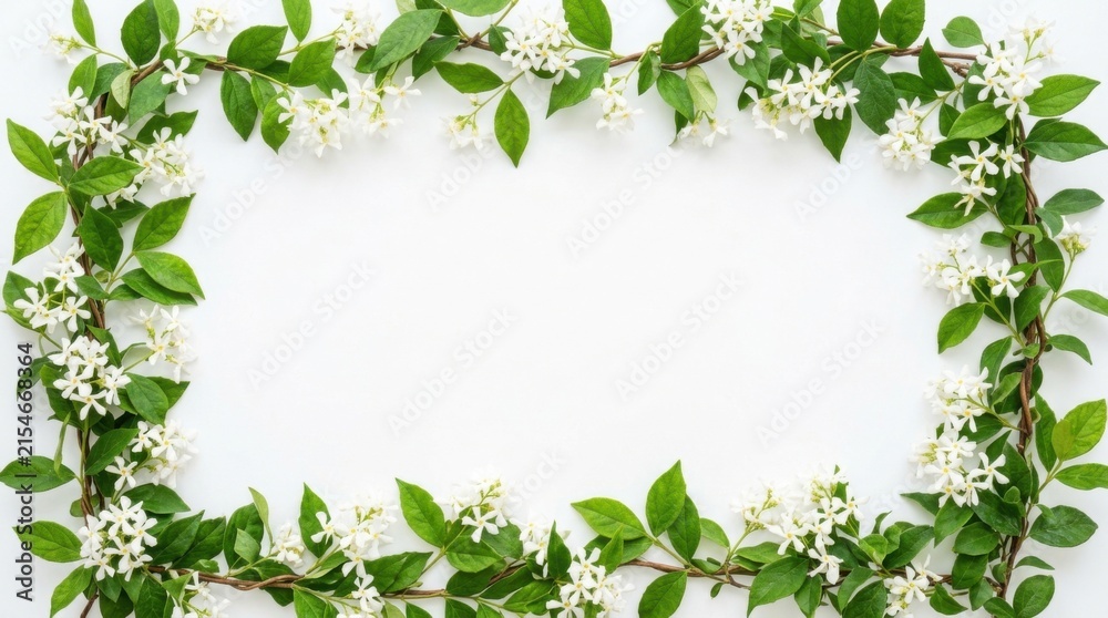 Fototapeta premium Green Vine and Leaf Floral Border With Clean White Center
