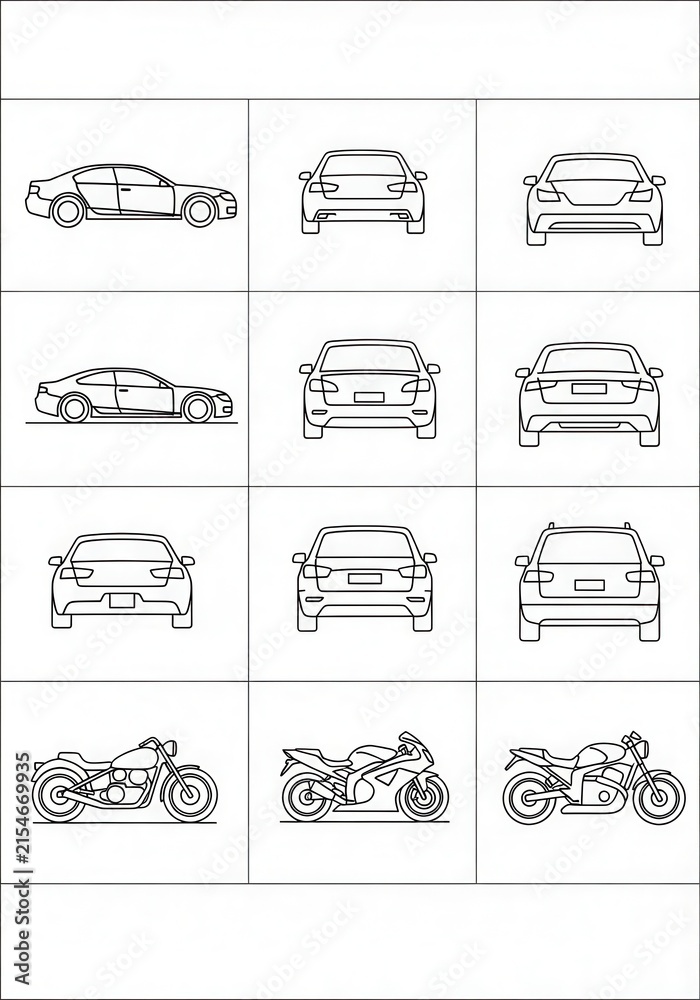 Obraz premium Collection of Minimalist Car and Motorcycle Line Art Icons for Automotive Design and Transport Concepts