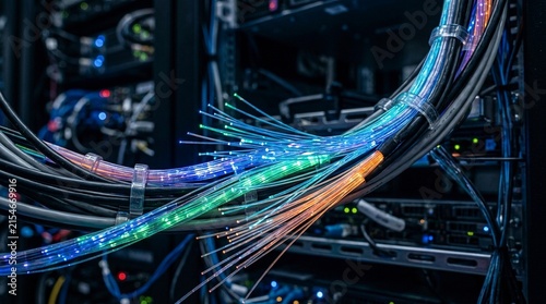 Fiber Optic Cables with Glowing Ends Representing High Speed Internet Connectivity in a Data Center