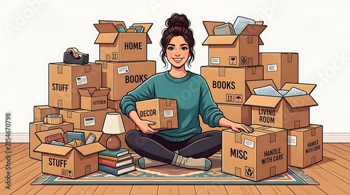 Happy young woman sitting with cardboard boxes for a house move