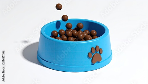 Kibble falling into a blue pet food bowl.