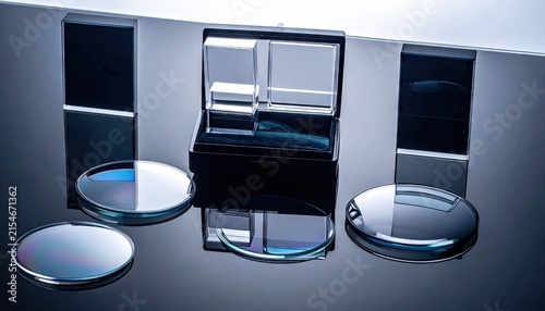 Set of glass optical lenses on dark surface.