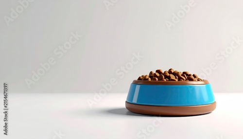 Side view of blue pet bowl with kibble.