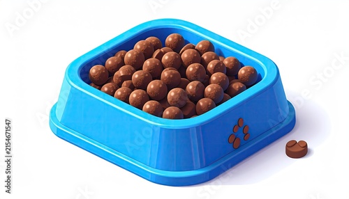 Square blue pet food bowl with dry kibble bits.
