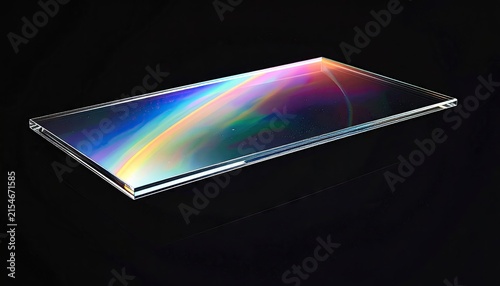 Thin glass plate reflecting rainbow spectrum on black.